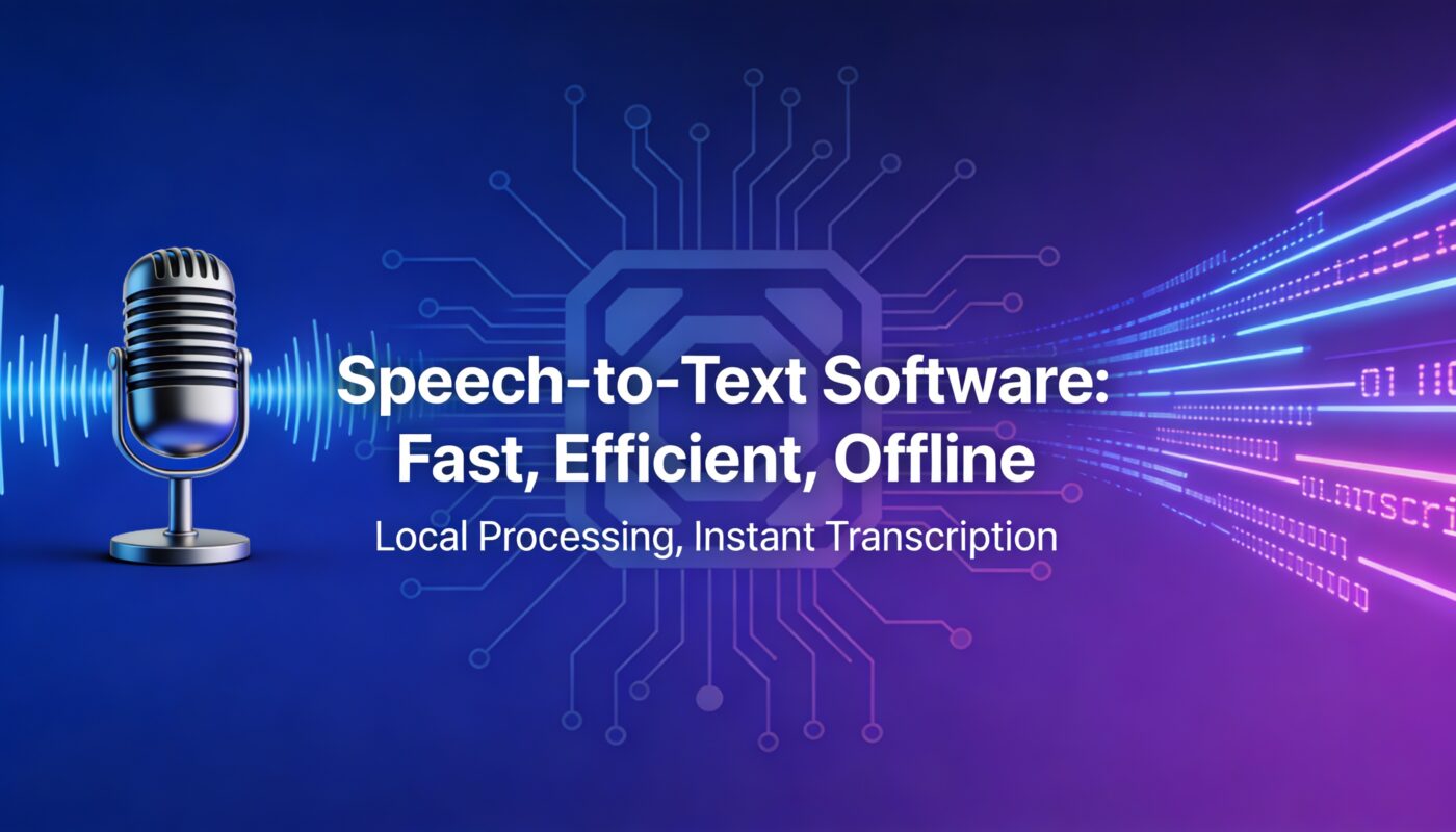 Modern microphone with sound waves transforming into digital text, representing offline speech-to-text transcription technology