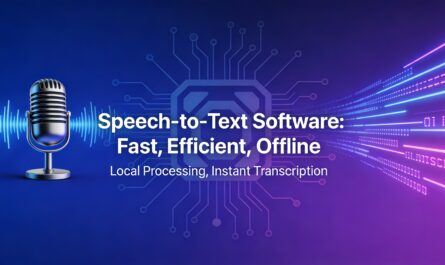 Modern microphone with sound waves transforming into digital text, representing offline speech-to-text transcription technology