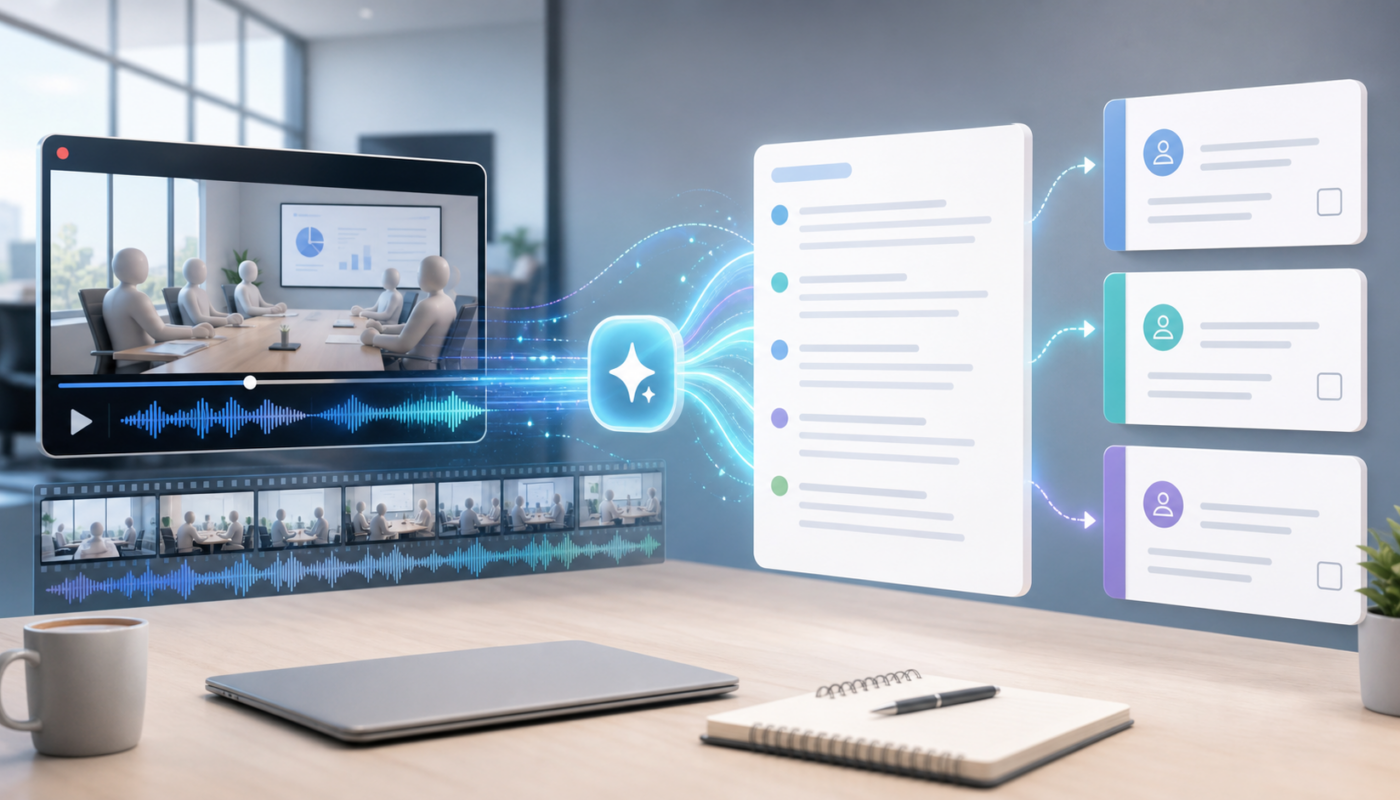 Meeting recording and transcript flowing into AI-generated meeting minutes and action item cards.