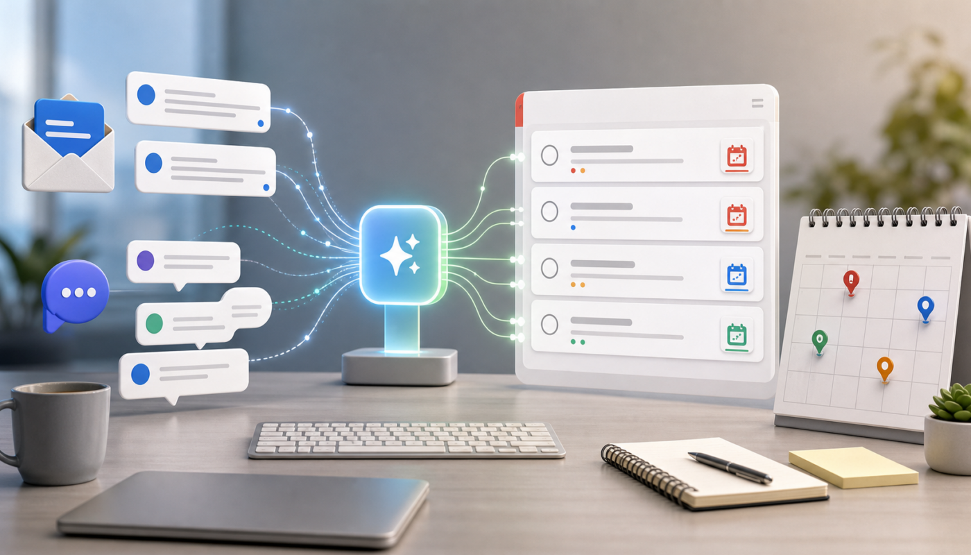 Email and chat follow-ups flowing through AI into organized task cards with calendar due dates.