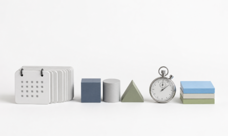 Minimal white-background objects showing calendar tiles, prototype blocks, and a stopwatch for faster internal app delivery.